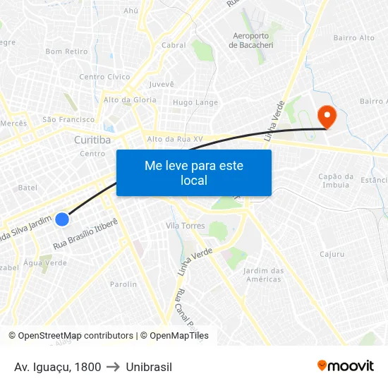 Av. Iguaçu, 1800 to Unibrasil map