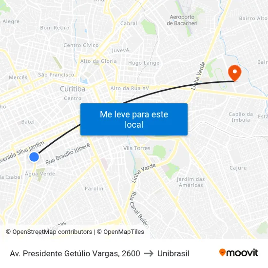 Av. Presidente Getúlio Vargas, 2600 to Unibrasil map