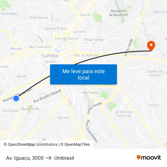 Av. Iguaçu, 3000 to Unibrasil map