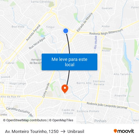 Av. Monteiro Tourinho, 1250 to Unibrasil map