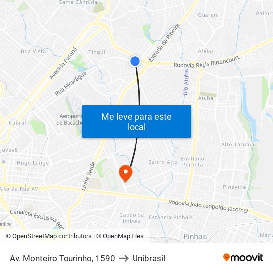 Av. Monteiro Tourinho, 1590 to Unibrasil map