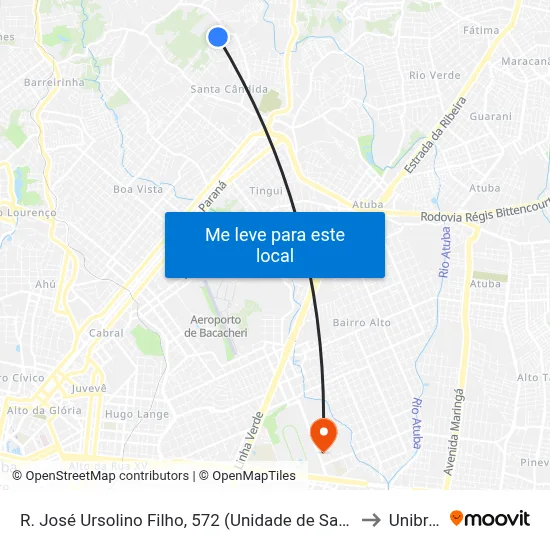 R. José Ursolino Filho, 572 (Unidade de Saúde Aliança) to Unibrasil map