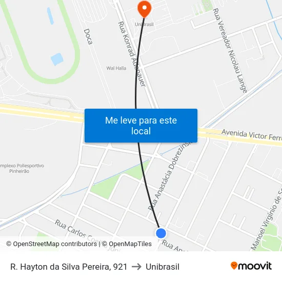 R. Hayton da Silva Pereira, 921 to Unibrasil map