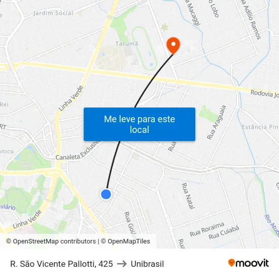 R. São Vicente Pallotti, 425 to Unibrasil map
