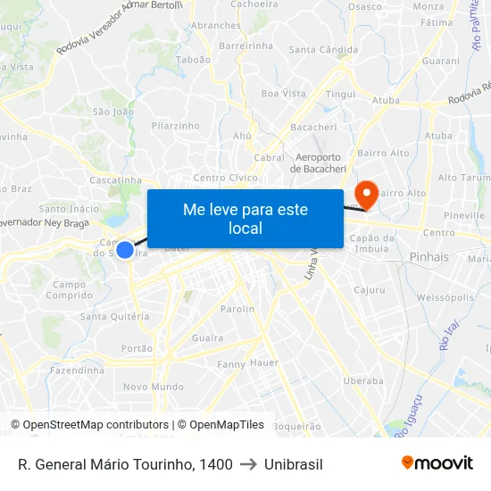R. General Mário Tourinho, 1400 to Unibrasil map
