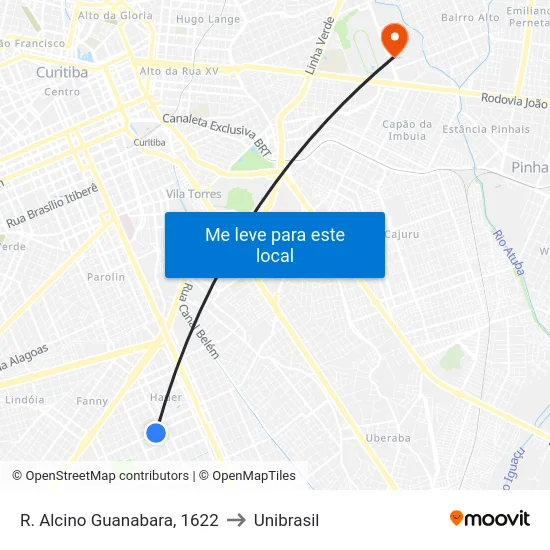 R. Alcino Guanabara, 1622 to Unibrasil map