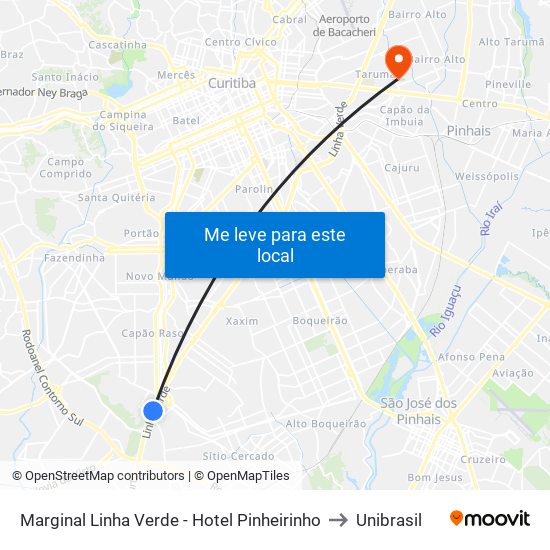 Marginal Linha Verde - Hotel Pinheirinho to Unibrasil map