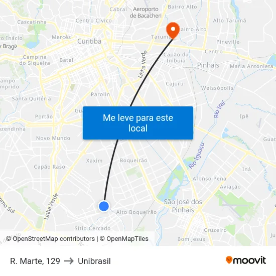 R. Marte, 129 to Unibrasil map