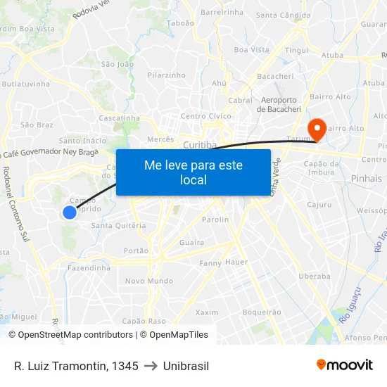 R. Luiz Tramontin, 1345 to Unibrasil map