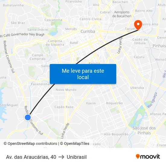 Av. das Araucárias, 40 to Unibrasil map