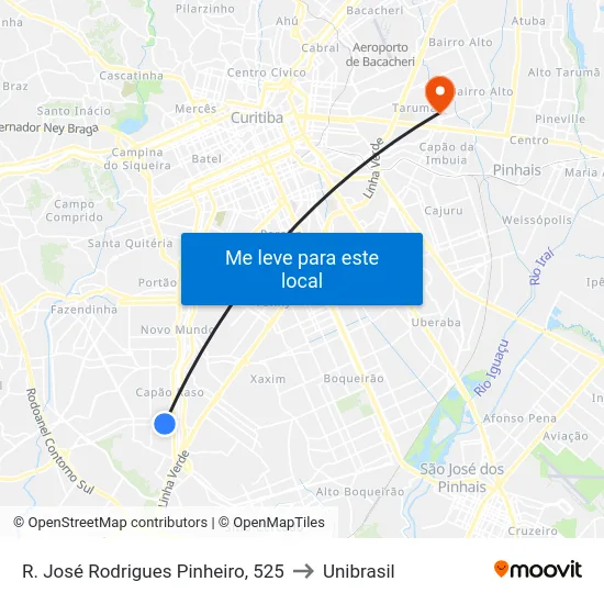 R. José Rodrigues Pinheiro, 525 to Unibrasil map