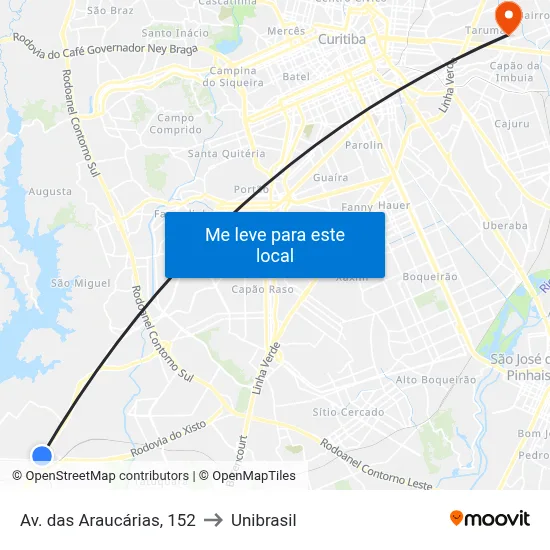 Av. das Araucárias, 152 to Unibrasil map