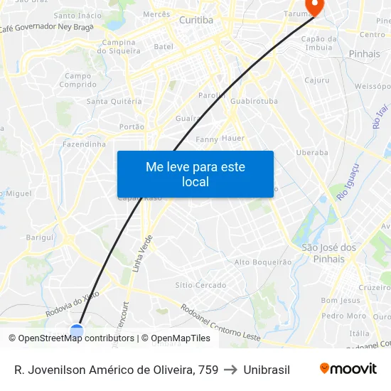 R. Jovenilson Américo de Oliveira, 759 to Unibrasil map