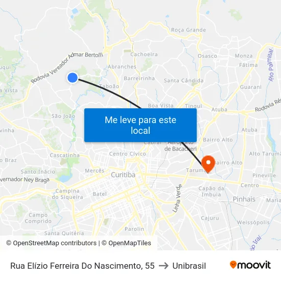 Rua Elízio Ferreira Do Nascimento, 55 to Unibrasil map