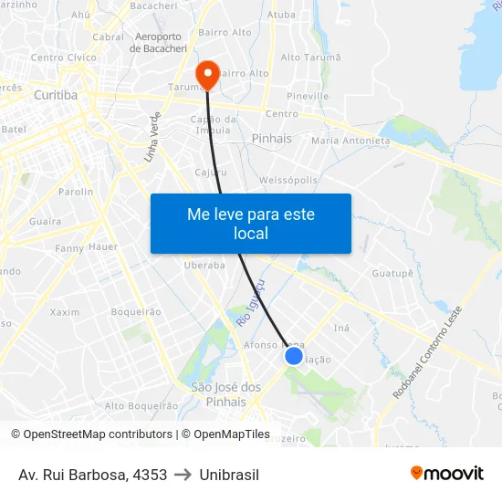 Av. Rui Barbosa, 4353 to Unibrasil map
