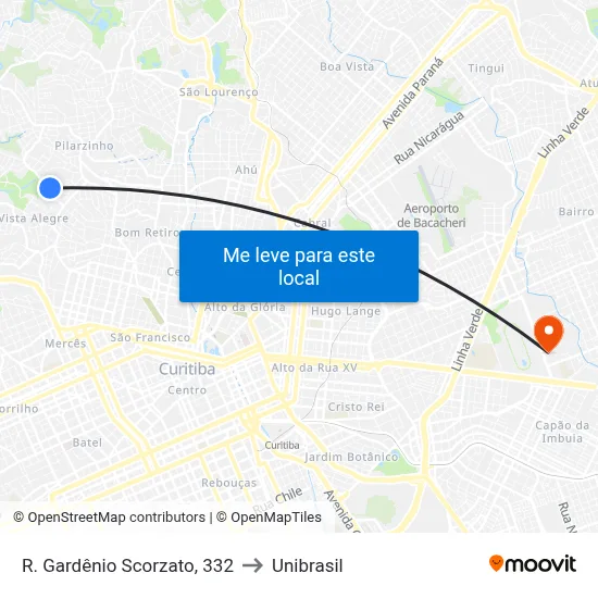 R. Gardênio Scorzato, 332 to Unibrasil map