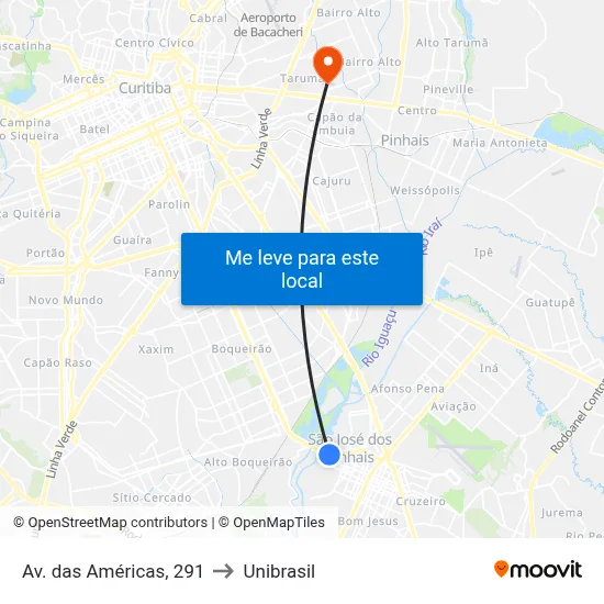 Av. das Américas, 291 to Unibrasil map
