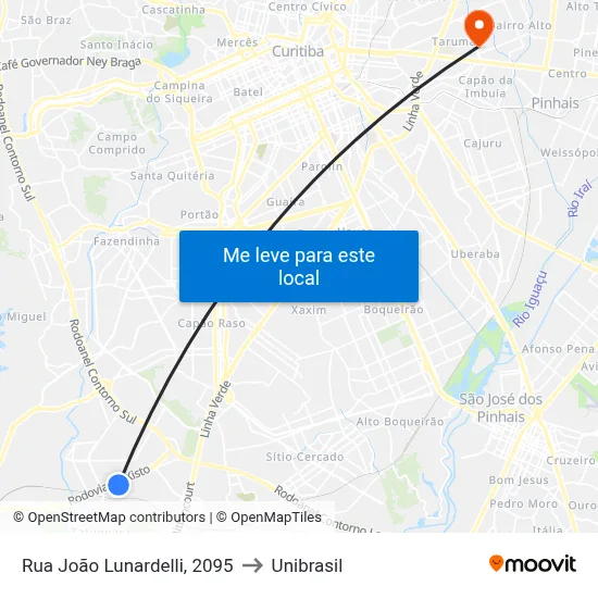 Rua João Lunardelli, 2095 to Unibrasil map
