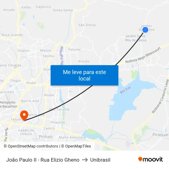 João Paulo II - Rua Elizio Gheno to Unibrasil map