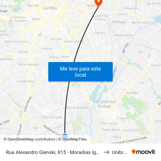 R. Alexandro Glenski, 815 - Moradias Iguaçu 1 to Unibrasil map