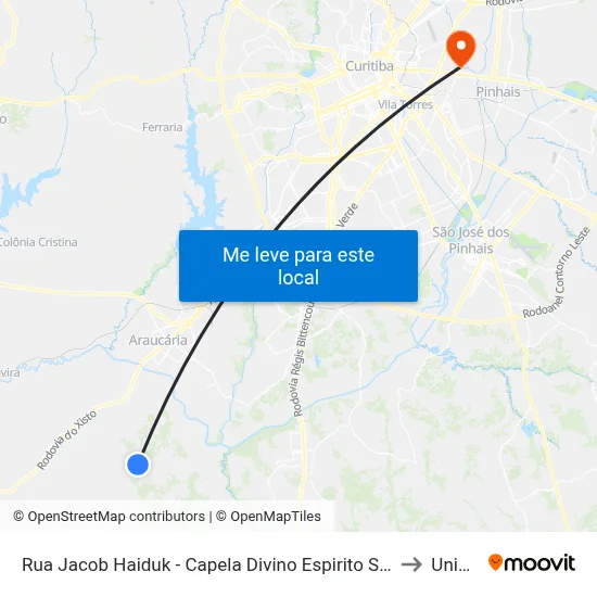 Rua Jacob Haiduk - Capela Divino Espirito Santo / Campo Redondo to Unibrasil map