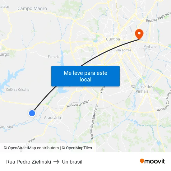 Rua Pedro Zielinski to Unibrasil map