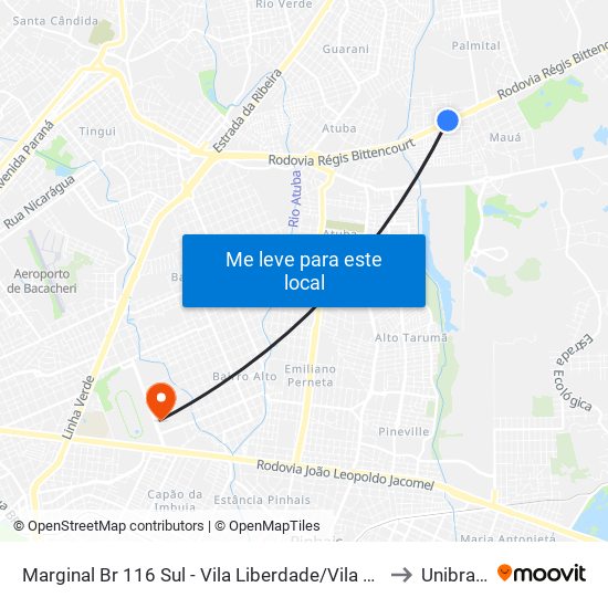 Marginal Br 116 Sul - Vila Liberdade/Vila Zumbi to Unibrasil map