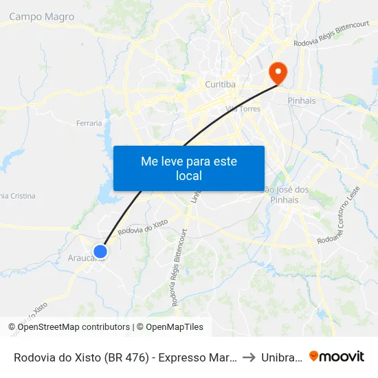 Rodovia do Xisto (BR 476) - Expresso Maringá to Unibrasil map