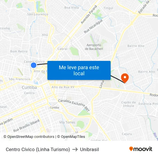 Centro Cívico (Linha Turismo) to Unibrasil map