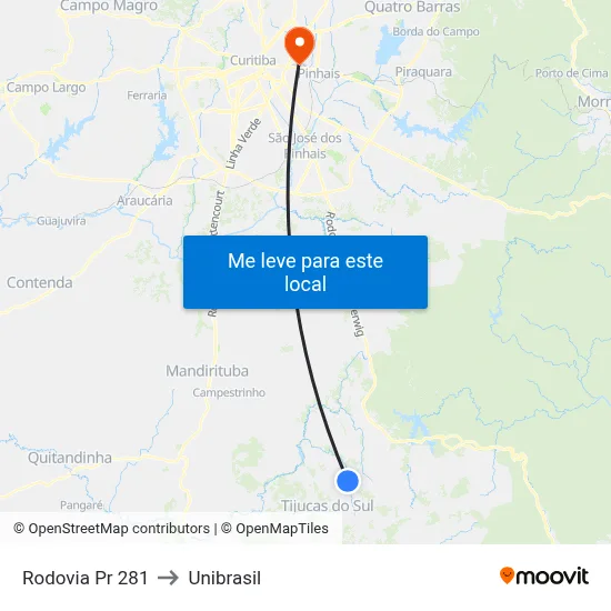 Rodovia Pr 281 to Unibrasil map