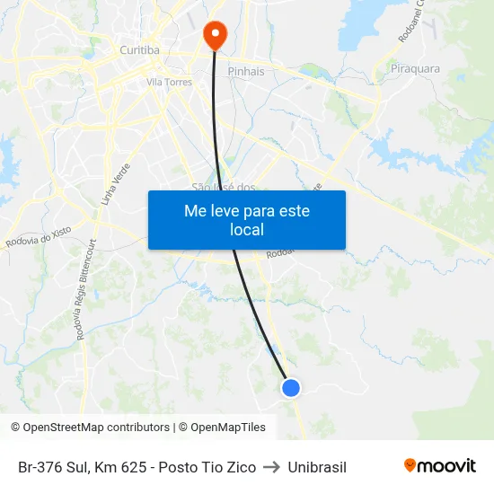 Br-376 Sul, Km 625 - Posto Tio Zico to Unibrasil map