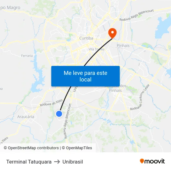 Terminal Tatuquara to Unibrasil map