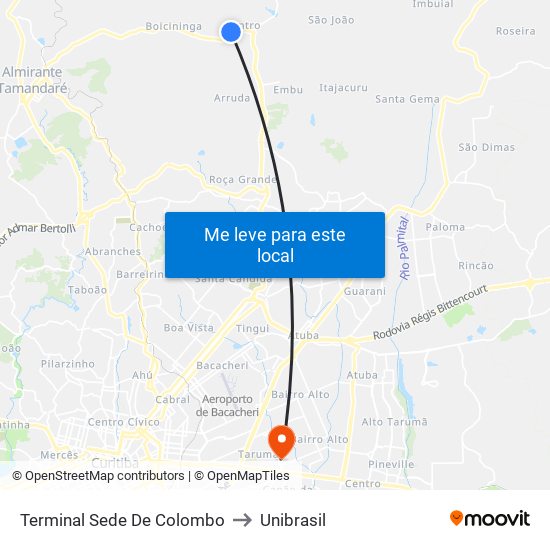 Terminal Sede De Colombo to Unibrasil map