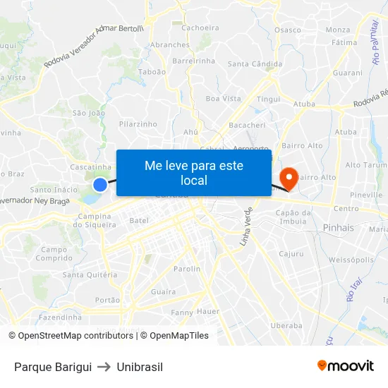 Parque Barigui to Unibrasil map