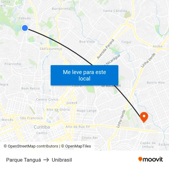 Parque Tanguá to Unibrasil map