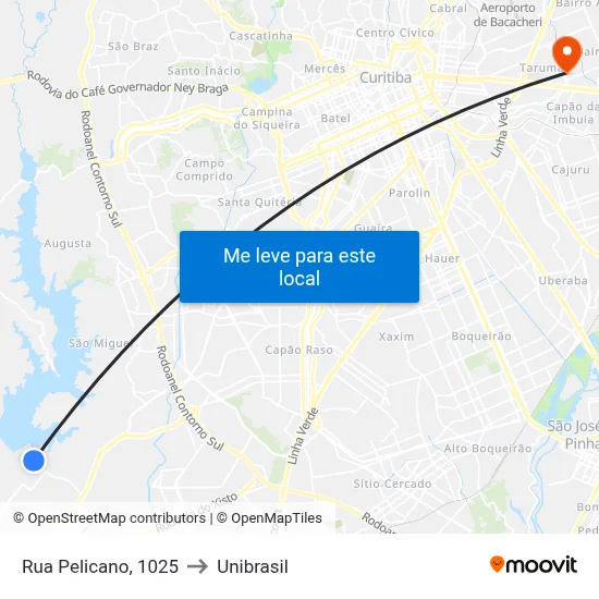 Rua Pelicano, 1025 to Unibrasil map