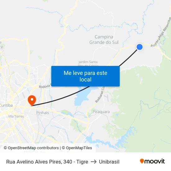 Rua Avelino Alves Pires, 340 - Tigre to Unibrasil map