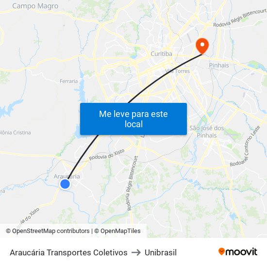 Araucária Transportes Coletivos to Unibrasil map