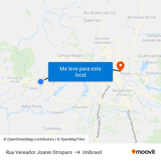 Rua Vereador Joanin Stroparo to Unibrasil map