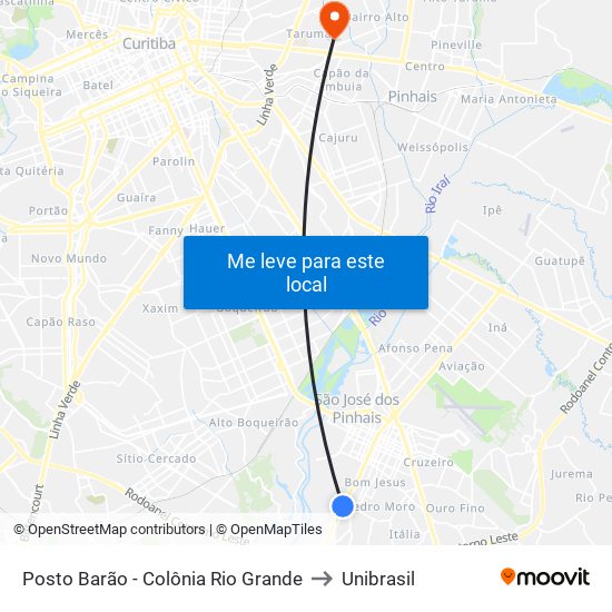 Posto Barão - Colônia Rio Grande to Unibrasil map