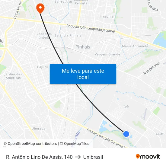 R. Antônio Lino De Assis, 140 to Unibrasil map