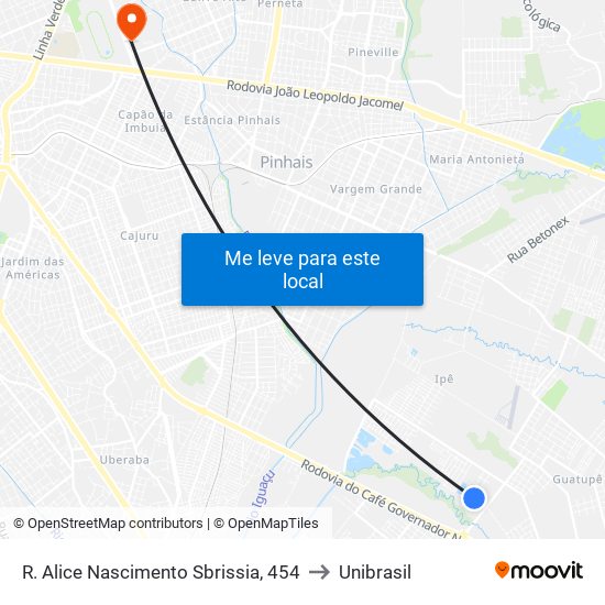 R. Alice Nascimento Sbrissia, 454 to Unibrasil map