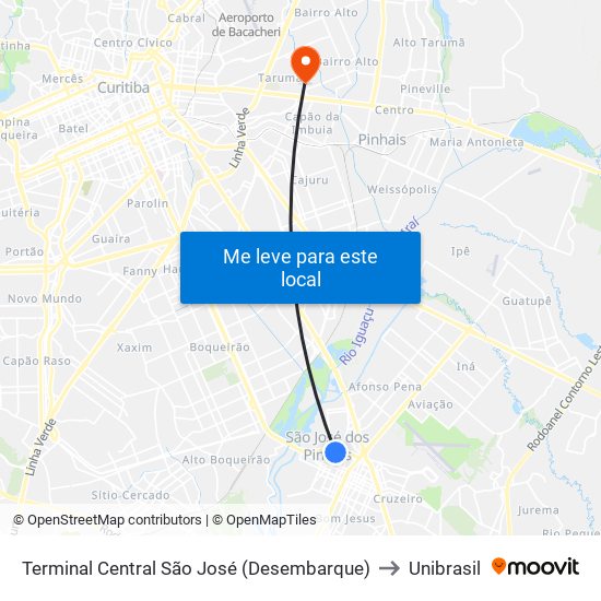 Terminal Central São José (Desembarque) to Unibrasil map