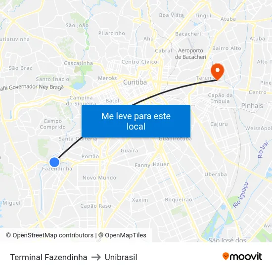 Terminal Fazendinha to Unibrasil map
