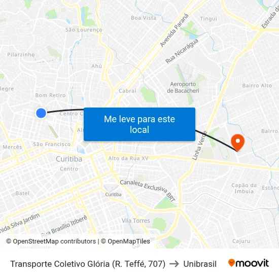 Transporte Coletivo Glória (R. Teffé, 707) to Unibrasil map