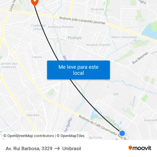 Av. Rui Barbosa, 3329 to Unibrasil map
