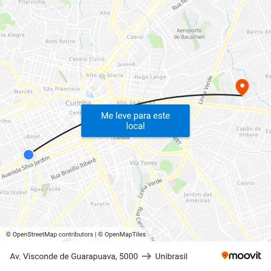 Av. Visconde de Guarapuava, 5000 to Unibrasil map