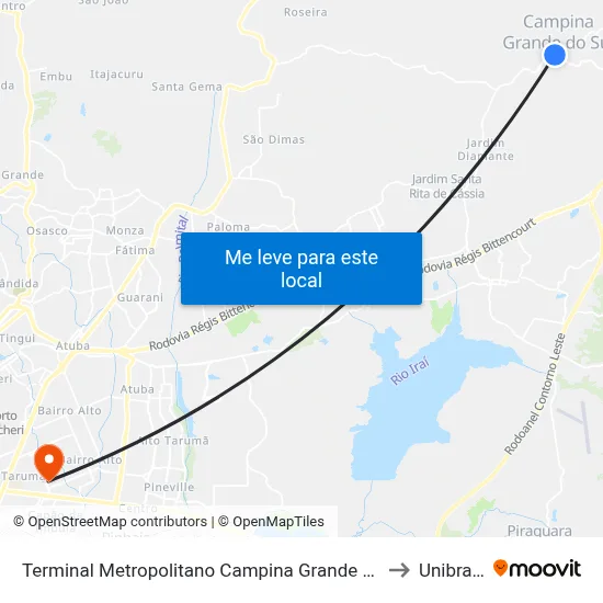 Terminal Metropolitano Campina Grande do Sul to Unibrasil map