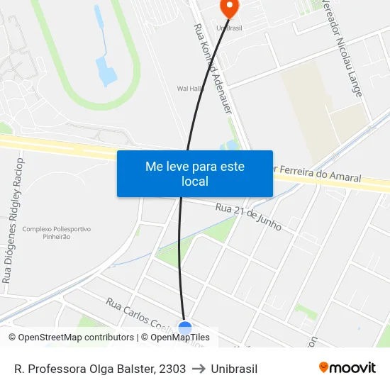 R. Professora Olga Balster, 2303 to Unibrasil map
