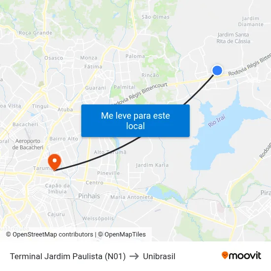 Terminal Jardim Paulista (N01) to Unibrasil map